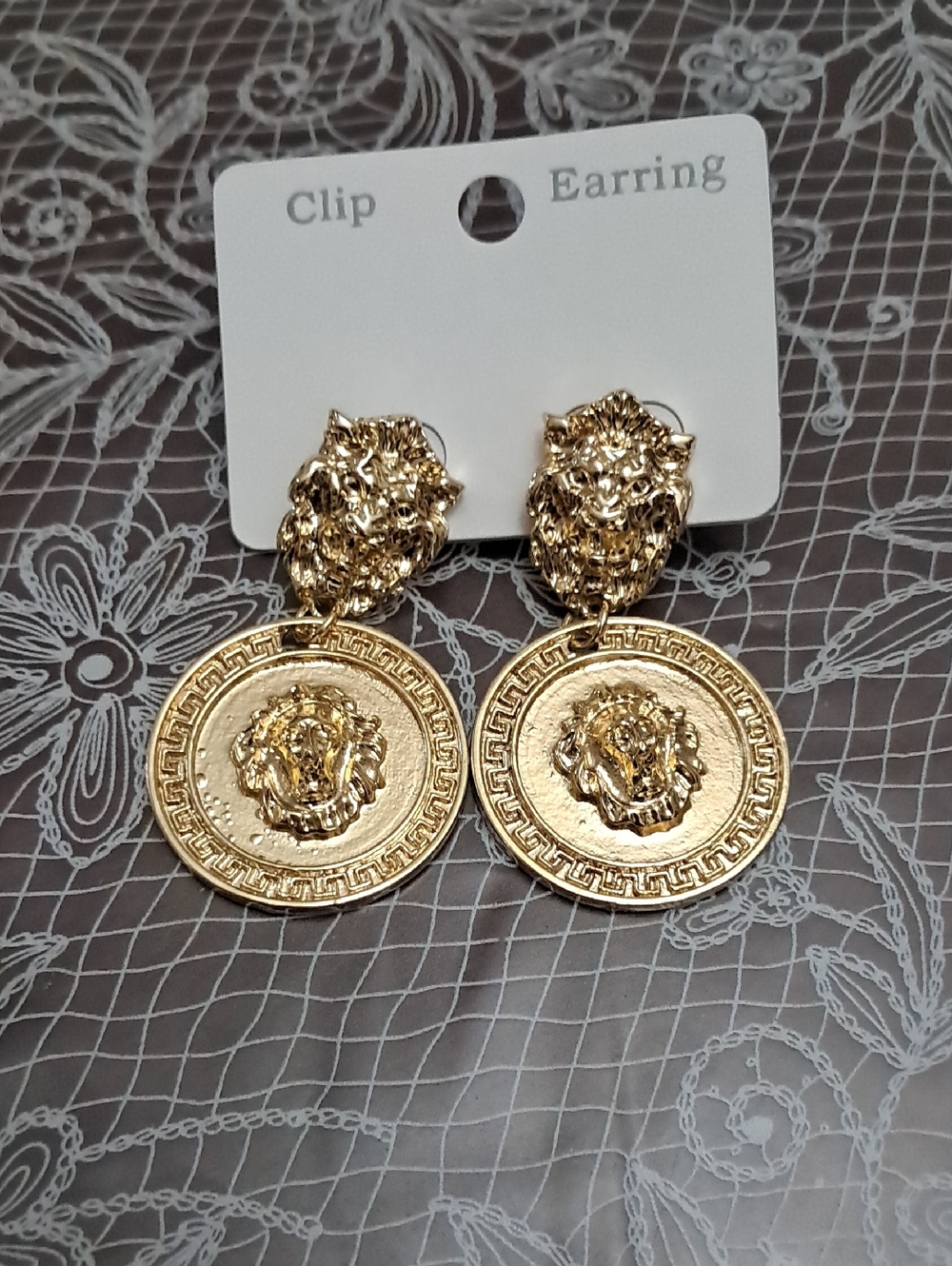 Gold Lion Medallion Clip-On Earrings